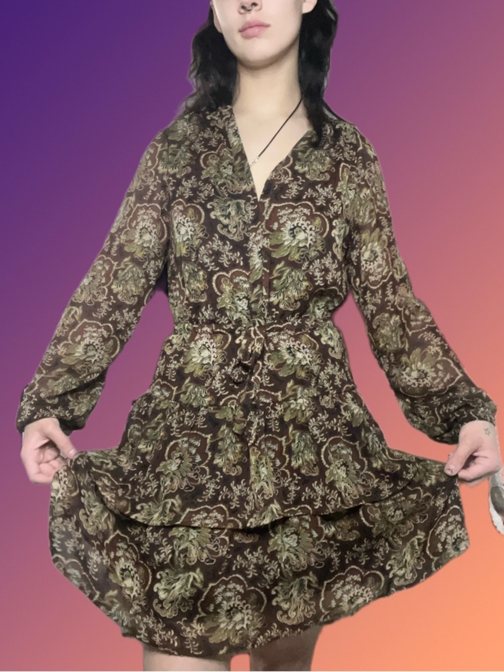 Dex Olive & Brown Paisley Tiered Long-Sleeve Dress